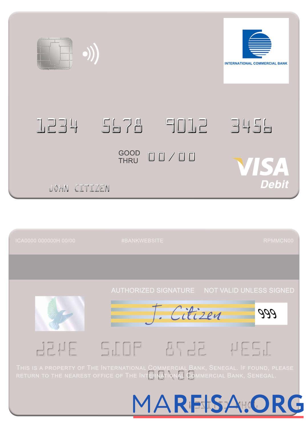 Printable Senegal The International Commercial Bank visa debit card template